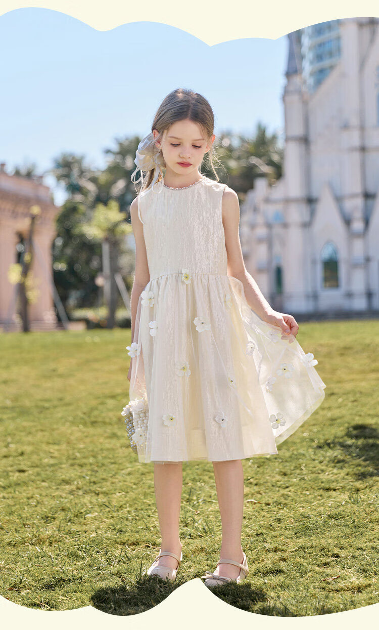 CHANZUIGOU Girls' French High-End Princess Dress 2026 Summer New Stylish Round Neck Floral Satin Dress 16